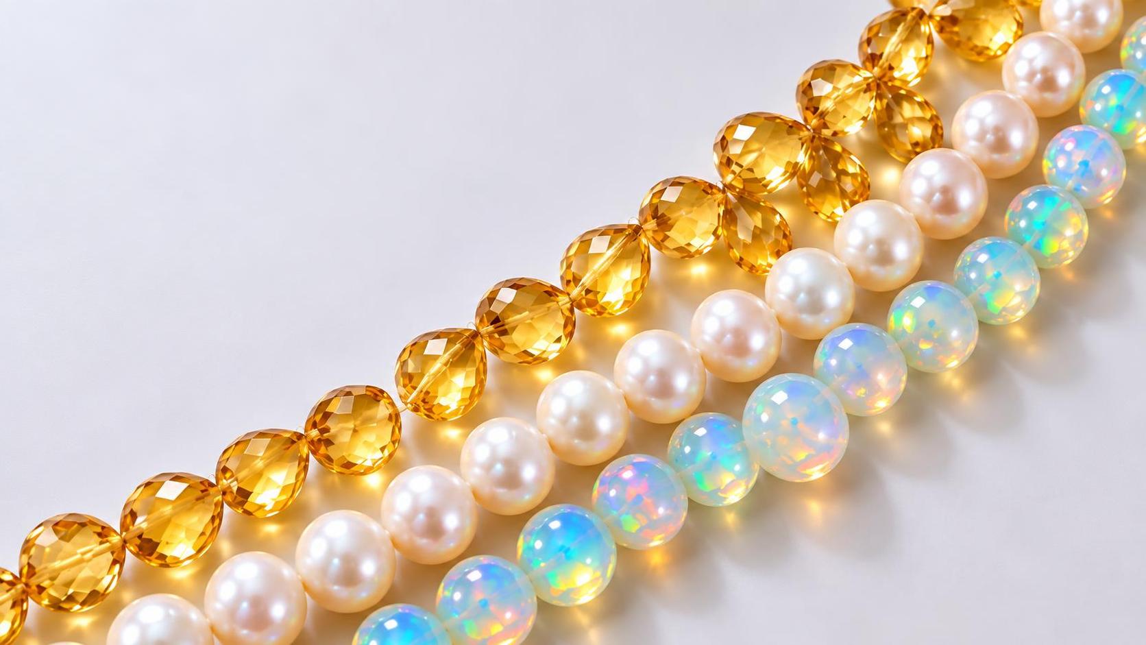 Natural gemstone bead strands — citrine briolettes, freshwater pearls, and Ethiopian opal rounds by Alif International